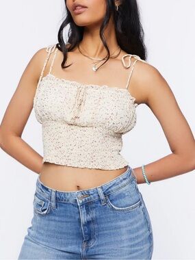 Forever 21 Cream Floral baby doll Smocked Tie-Strap Crop Top